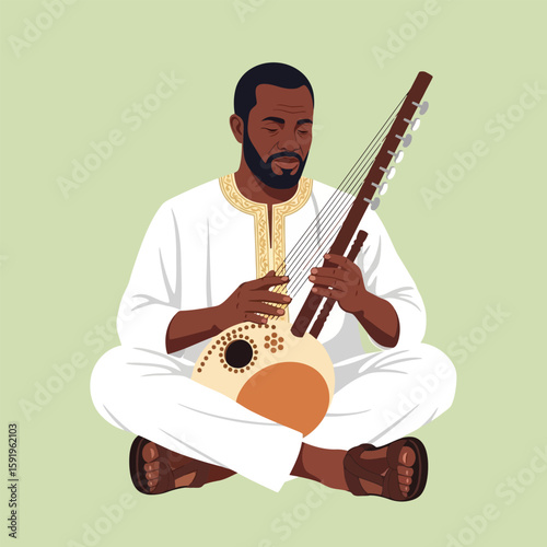 Man Playing Stringed Instrument Wearing Traditional Clothes in Serene Pose