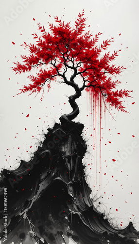 Ink style illustration of Crimson Bonsai on Black Rock
