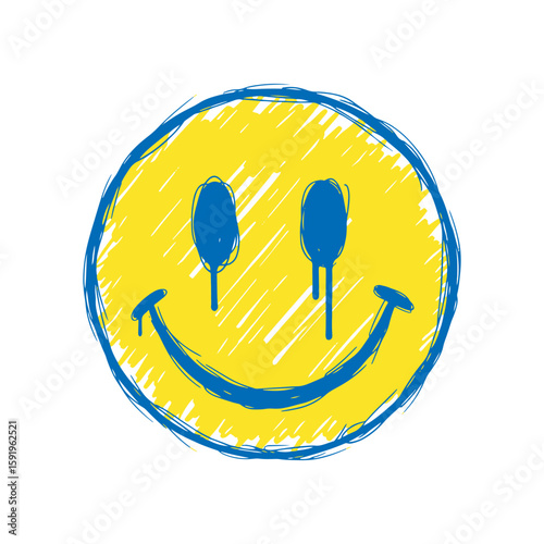 Smiley face icon hand drawn doodle sketch symbol for happy emotion good mood fun positive yellow blue graphic design vector art smile