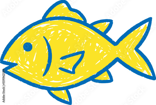Simple fish icon hand drawn doodle sketch symbol for sea food animal fishing nature yellow blue graphic design vector art pet illustration