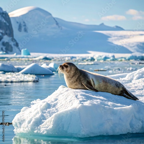 Seal Resting on Iceberg in Pristine Antarctic Landscape. 