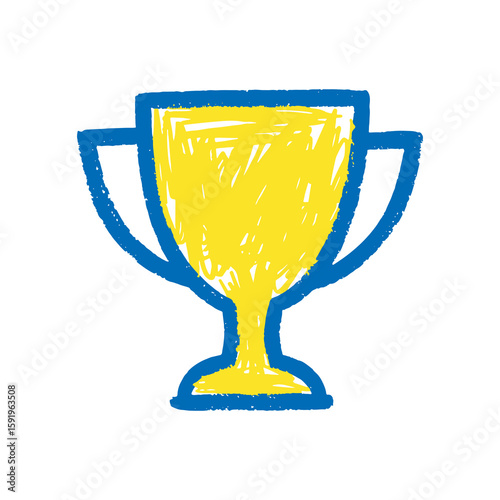 Trophy cup icon hand drawn doodle sketch symbol for winner award success champion victory yellow blue graphic design vector art prize