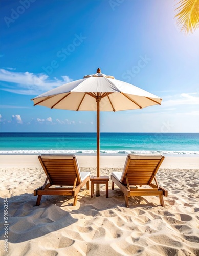Tropical beach scene with umbrella and chairs
