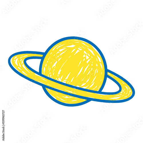 Planet with rings icon hand drawn doodle sketch symbol for space galaxy astronomy saturn yellow blue graphic design vector art science