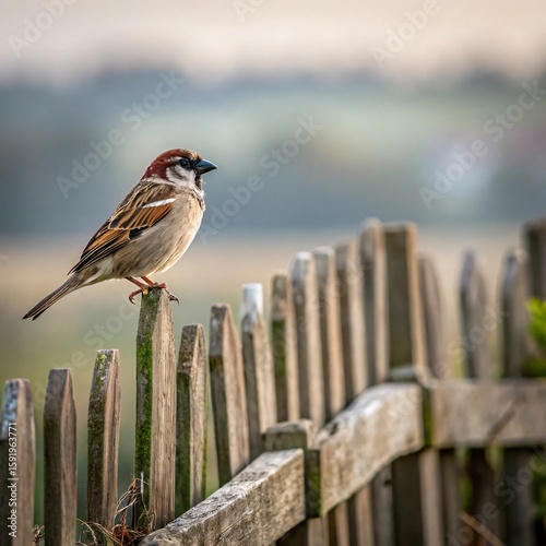 Sparrow Perched on Wooden Fence at Sunset