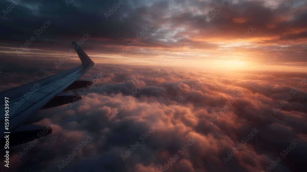 Fototapeta premium Airplane wing above a sea of clouds at sunset