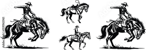 Three graphic depictions of cowboys riding horses in a black and white vector illustration style