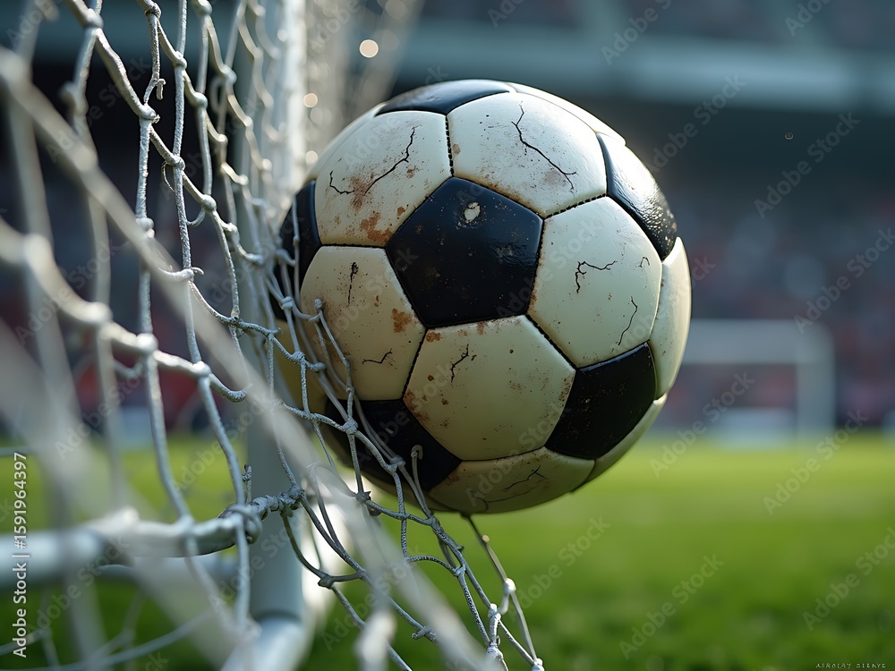 Naklejka premium A classic soccer ball caught in the net, highlighting a goal scored on a bright green field.