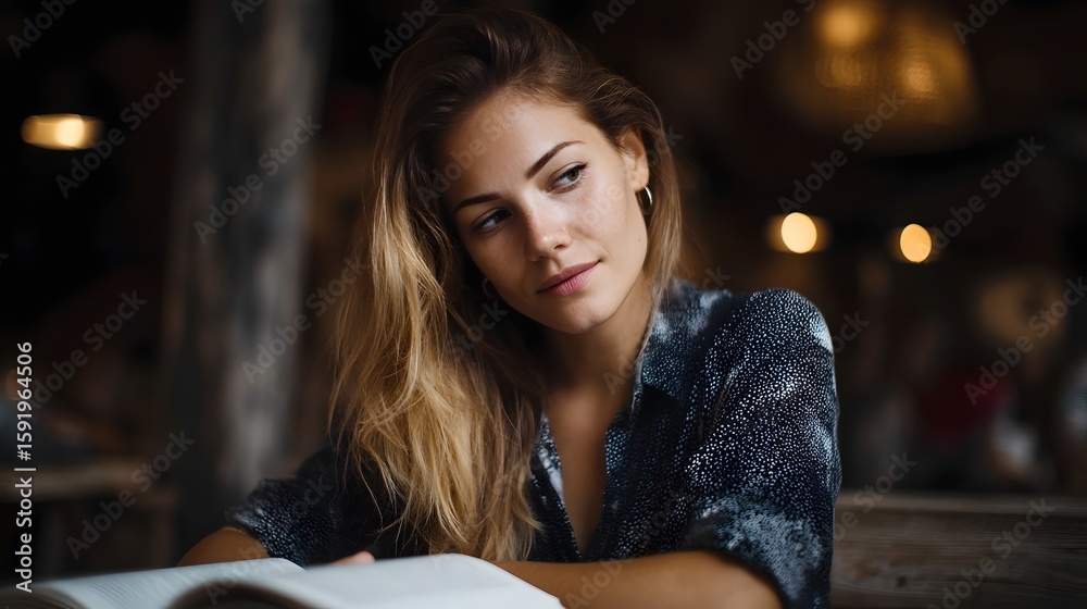 Fototapeta premium Woman reading a book in a cozy caf with warm inviting ambiance