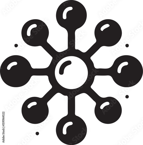 A stylized depiction of a central sphere connected to surrounding spheres