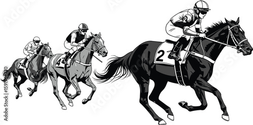 Illustration of three race horses and jockeys racing in a horse race on a white background