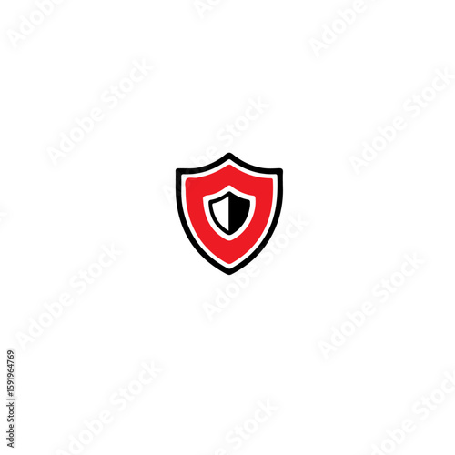 A simple graphic of a red and black shield on a plain white background