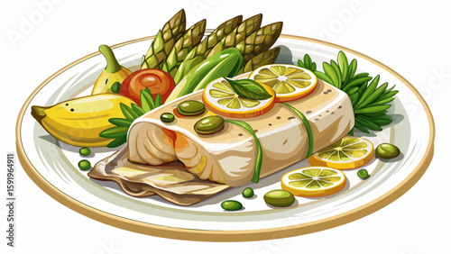 Fried cod fish fillet with green asparagus and mushrooms as closeup on a plate white background