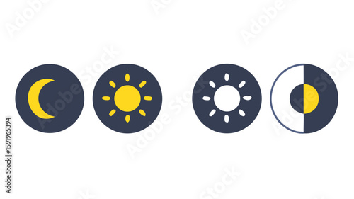 Sun and moon icons set. Dark and light mode symbol. Daytime sunset, sun, moon icon set. Vector
