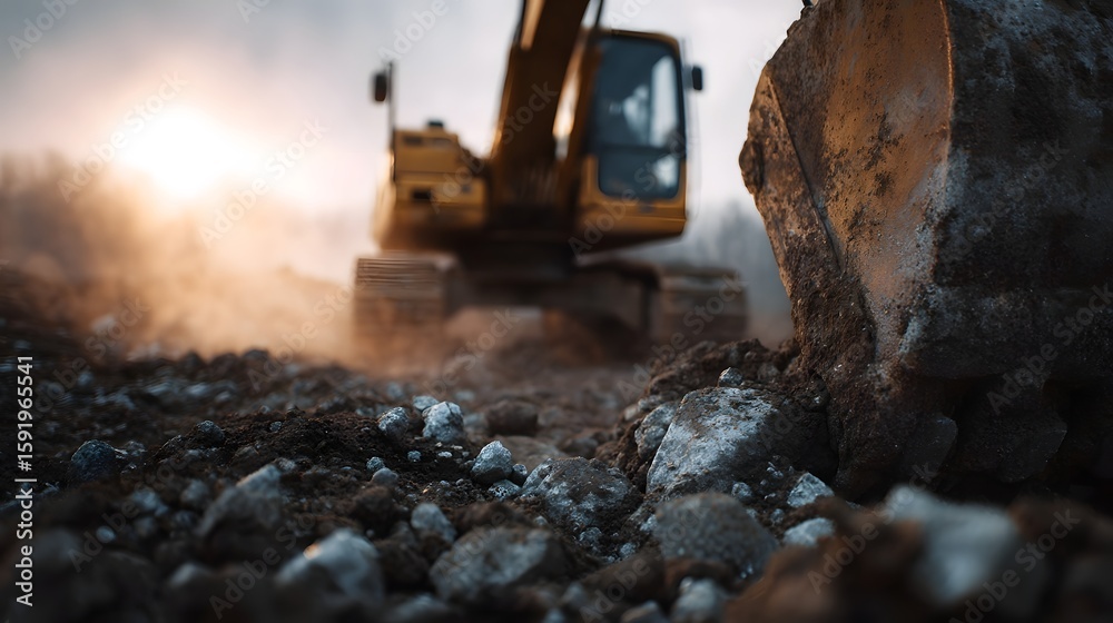 Fototapeta premium Excavator digging at a construction site with sharp lighting