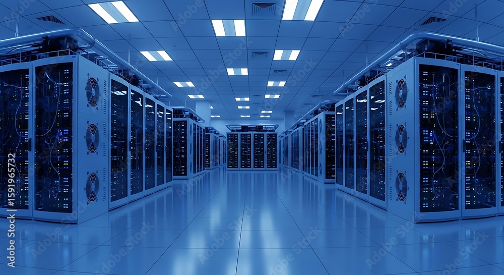 Fototapeta premium Rows of powerful servers fill a vast, cool data center, their ventilation systems humming quietly in the dimly lit space.