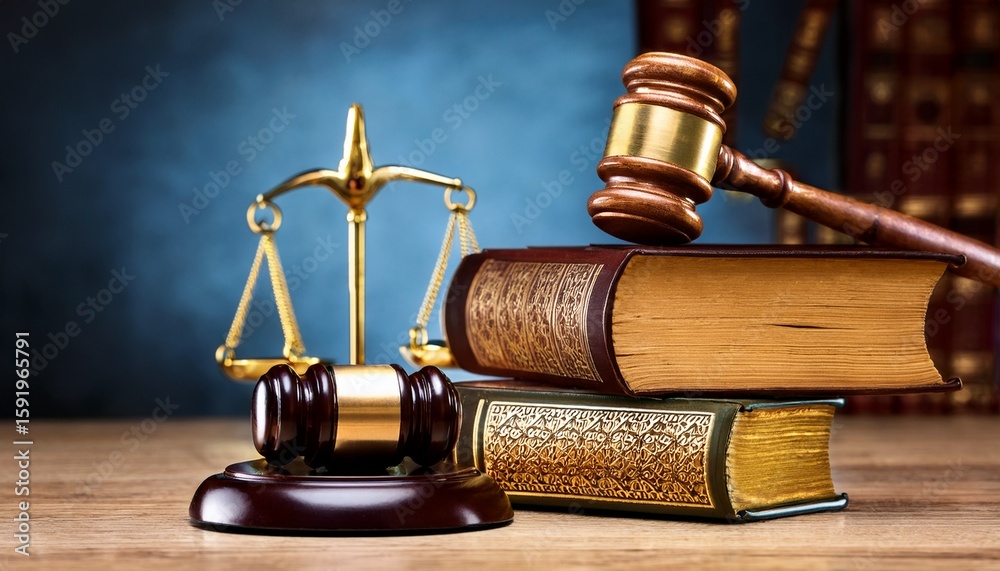 golden legal symbols with books and gavel on wooden table golden legal symbols with books and gavel on wooden table