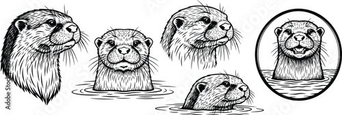 A collection of detailed black and white otter illustrations in various poses and compositions