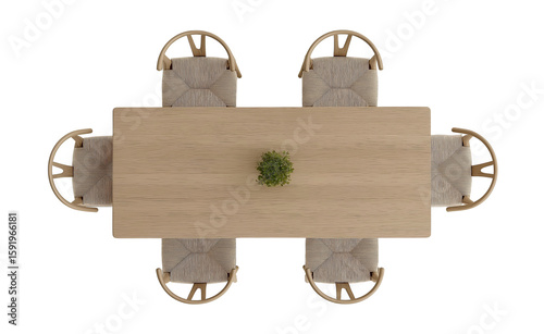 A padded, focused view of an oval yellow table with chairs around it, against a white background, in a top-down view, high-resolution photography.