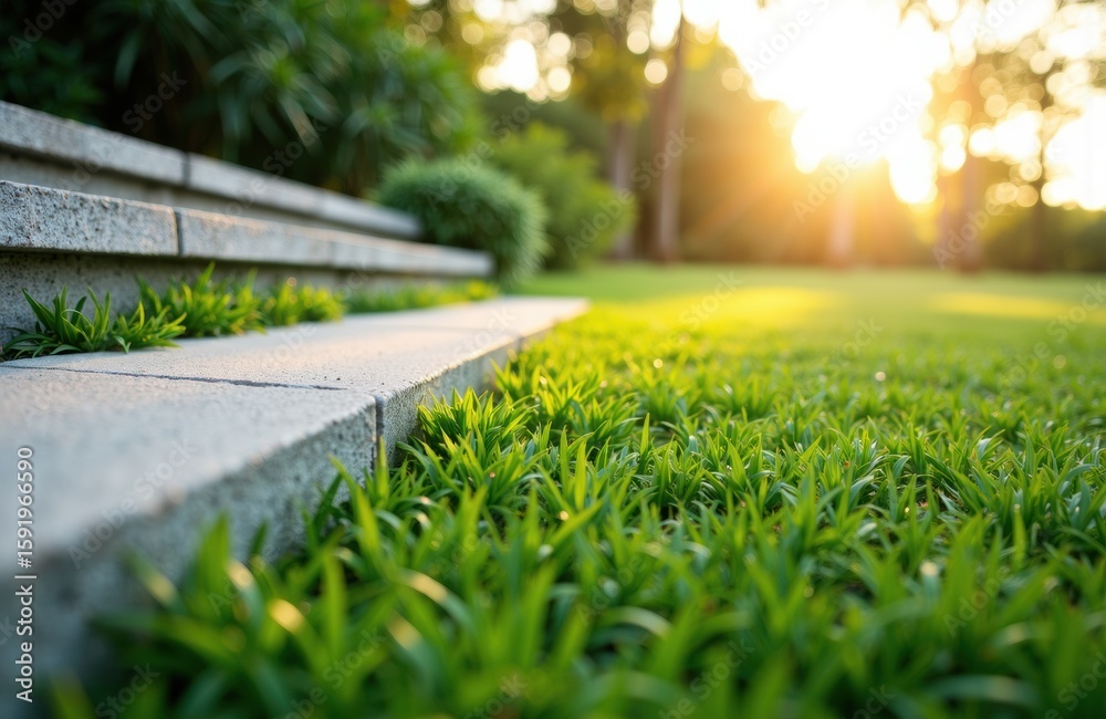Fototapeta premium Lush green grass with a stone pathway and warm sunlight in the background