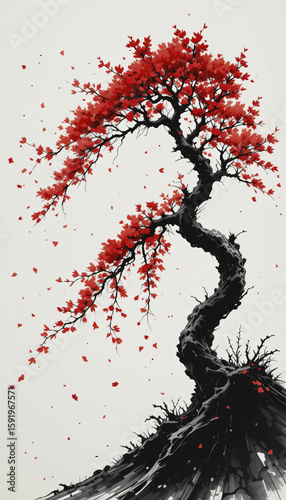 Ink style illustration of Crimson Autumn Bonsai