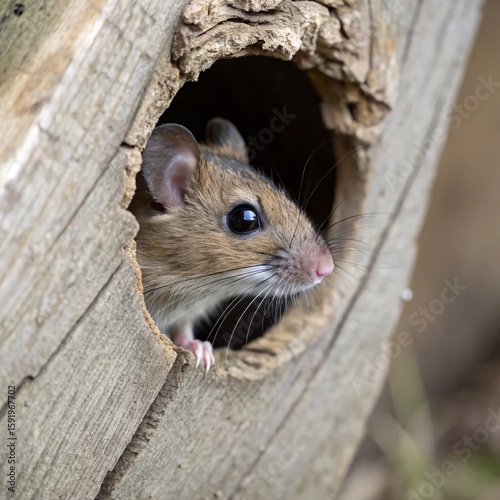 Cute Wild Mouse Peeking Out of Tree Hole – Nature Wildlife Stock Photo