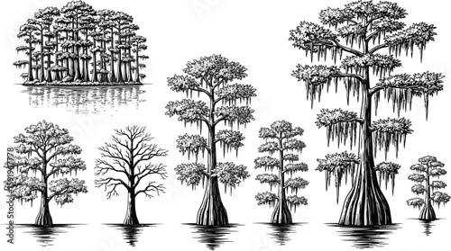 Illustration of various cypress trees with spanish moss in a monochrome black and white style art