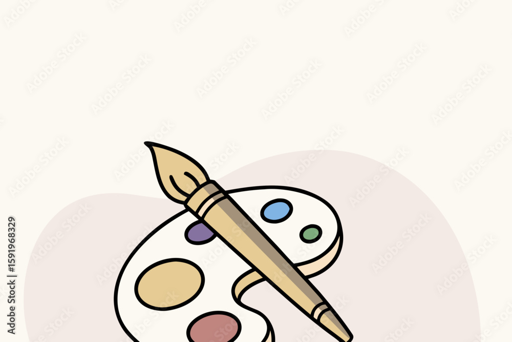 Fototapeta premium Simple illustration of a wooden paintbrush resting on a colorful artist s paint palette