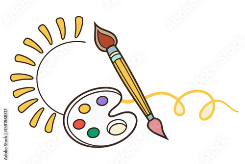Artistic tools including a paintbrush and paint palette with colorful dots and sun rays
