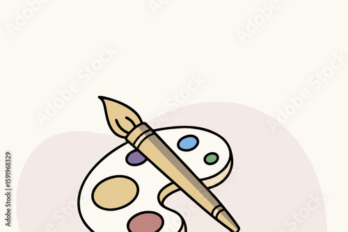 Simple illustration of a wooden paintbrush resting on a colorful artist s paint palette