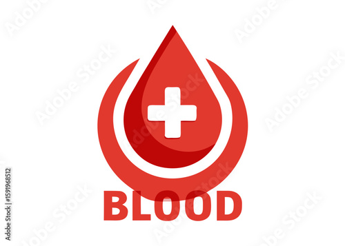Red blood drop with white cross inside and blood text below