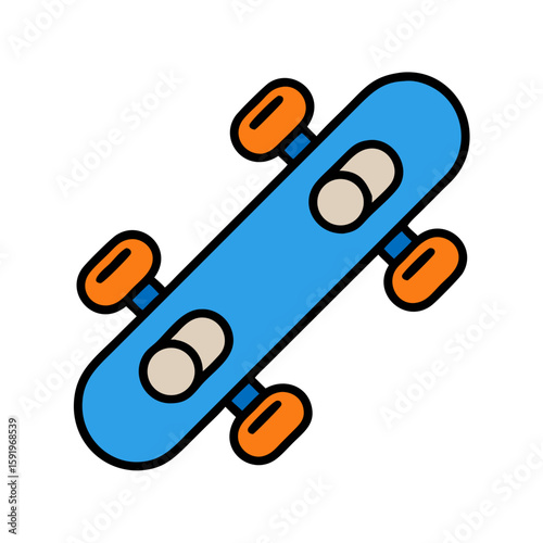 Colorful skateboard icon with orange wheels on a white background, great for sports and youth culture
