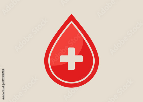 Red blood drop with white cross symbol on a light beige background