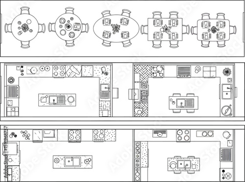 Top down architectural floor plan layouts of dining rooms and kitchens