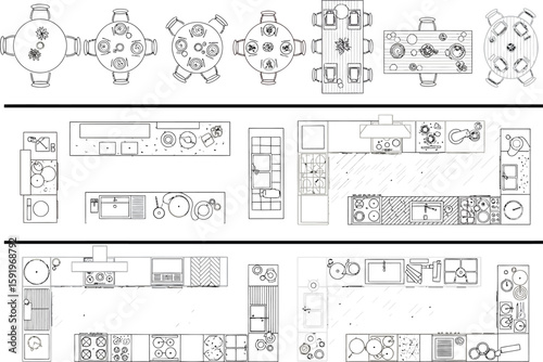 Top down view of various dining tables and kitchen layouts in blueprint style
