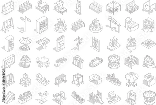 Collection of isometric line art icons representing park and playground elements