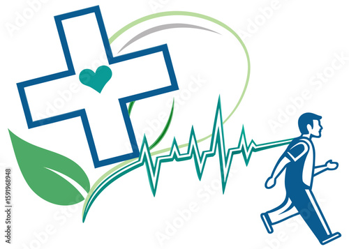 Healthy lifestyle with medical care and fitness symbolized by heart and heartbeat