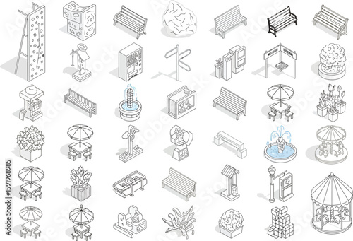 Collection of isometric line art illustrations of park and street furniture and elements