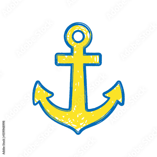 Nautical anchor icon hand drawn doodle sketch symbol for sea ocean marine travel ship boat yellow blue graphic vector art logo illustration