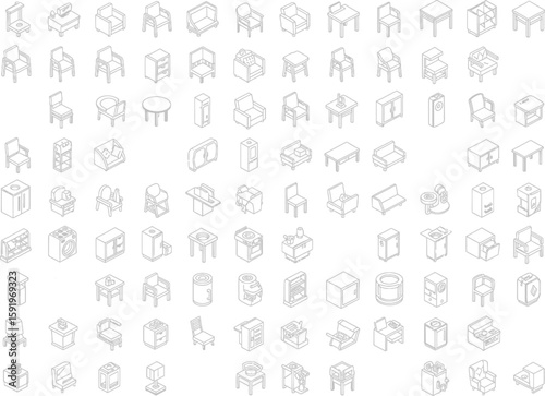 Collection of isometric line art furniture icons for interior design and architecture