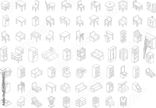 Collection of isometric line art furniture icons for interior design and architecture