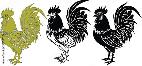 Three stylized roosters in black and white with detailed feathering and prominent combs displayed