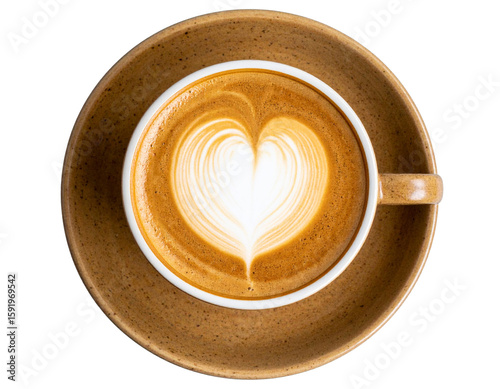 Top View Rustic Latte in Stoneware Cup with Swirled Heart Foam Art, Transparent Background