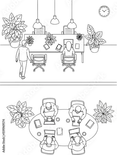 Top down view of modern office meeting rooms with people and plants