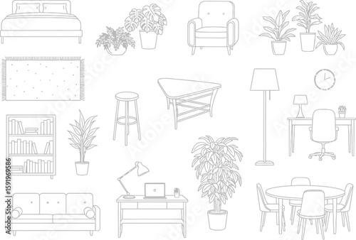Collection of hand drawn furniture and home decor items arranged on a white background
