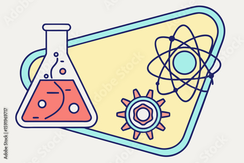 Science and innovation concept with flask atom and gear on a colorful background