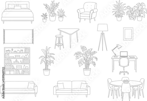 Collection of hand drawn furniture and houseplants for interior design sketches