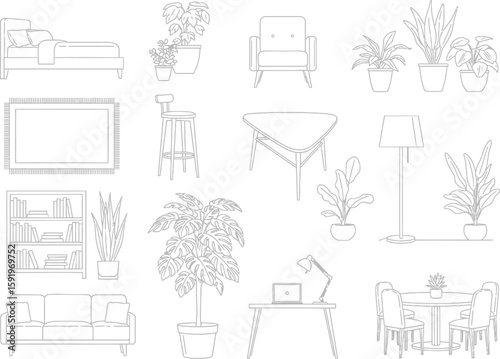 Collection of hand drawn furniture and houseplants for interior design and home decor