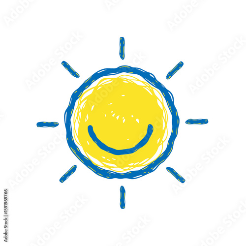 Shining sun icon hand drawn doodle sketch symbol for summer sunshine weather heat light yellow blue graphic design vector art illustration