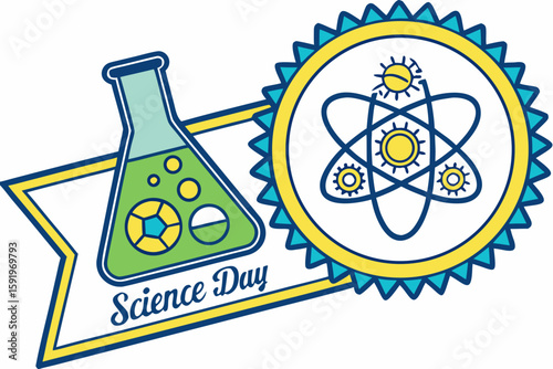 Fun science day illustration with beaker and atom symbol for education